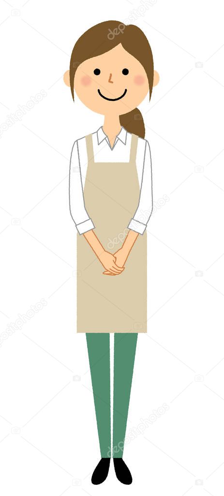 Woman wearing apron, Greeting/A woman wearing an apron greets her illustration.