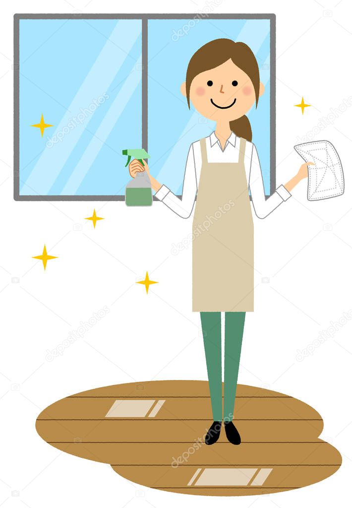 Woman wearing apron, Wiping cleanup/A woman wearing an apron is an illustration to wipe clean.