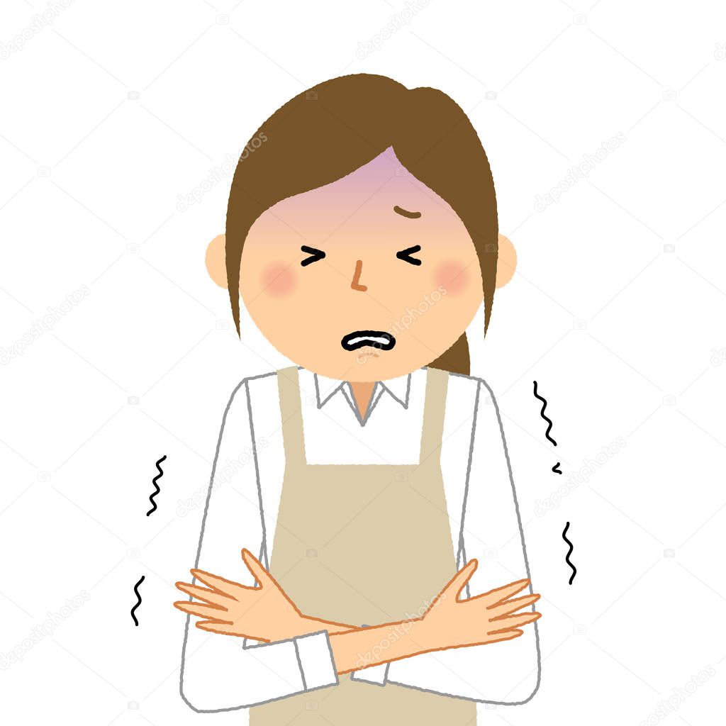 Woman wearing apron, Chilly/A woman in an apron feels chills.