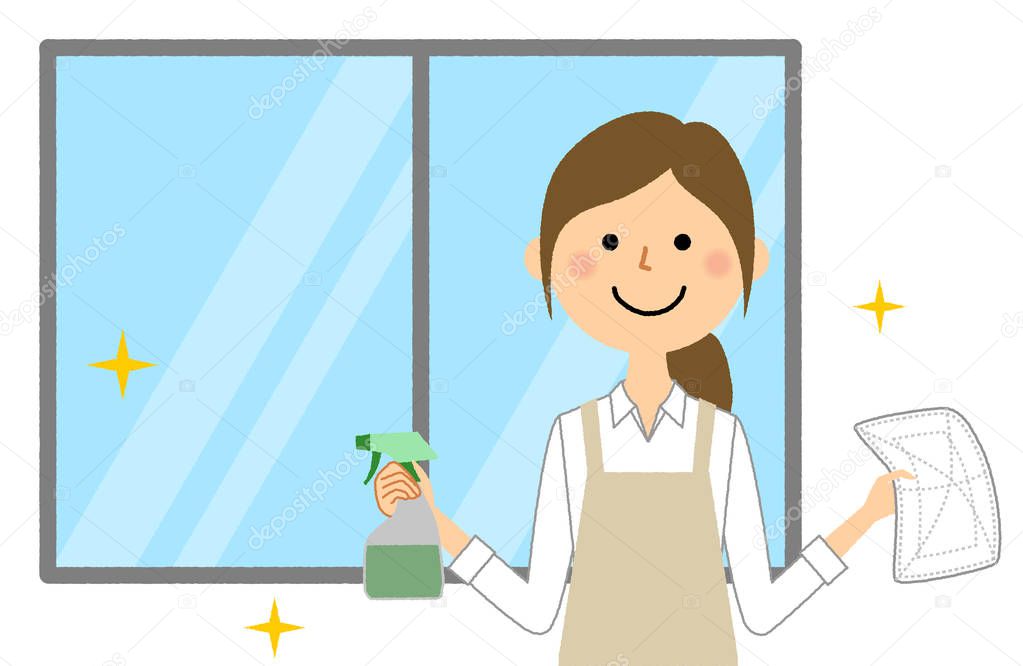 Woman wearing apron, Wiping cleanup/A woman wearing an apron is an illustration to wipe clean.