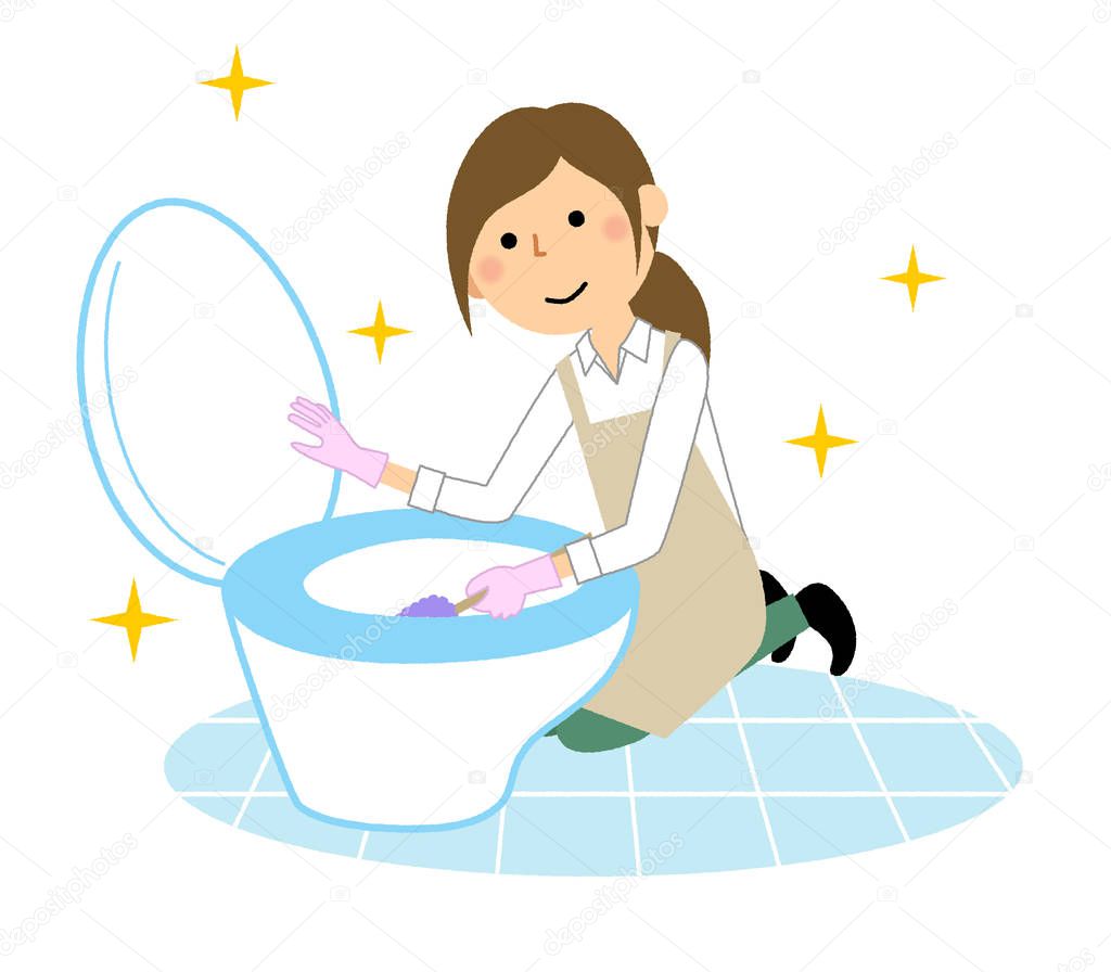 Woman wearing apron, Cleaning the toilet/A woman in an apron is an illustration to clean the toilet.
