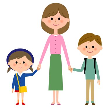 Annesi ve kardeşleri / bir anne ve bir el bağlanan kardeşler çizimi.
