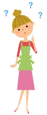 Dişi bir soru tutan önlük / An çizimde bir soru tutan önlük kadın.