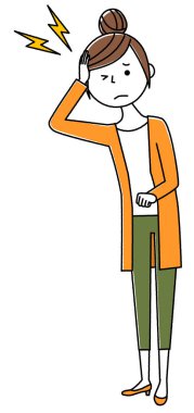 Genç kadın, Anne, Genç bir kadın ile bir baş ağrısı baş ağrısı/çizimi.