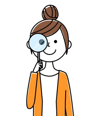 Genç kadın, Anne, Büyüteç Camı/çizimi Büyüteç arayan genç bir kadın.