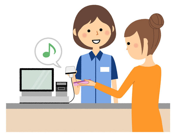 Female clerk,Electronic money/It is an illustration of a customer who pays electronic money and a female clerk.