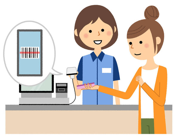 Female clerk,Electronic money/It is an illustration of a customer who pays electronic money and a female clerk.