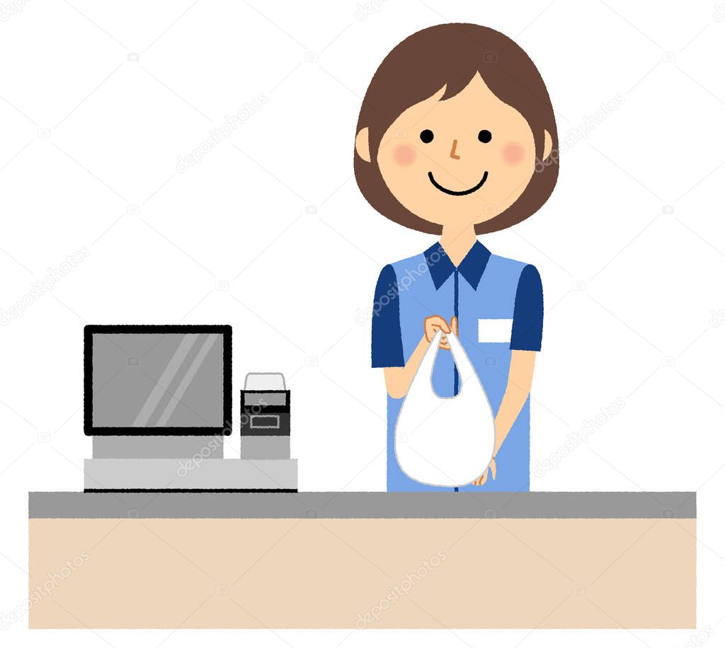 Female clerk,Cash register/It is an illustration of a female clerk who works at a cashier counter.