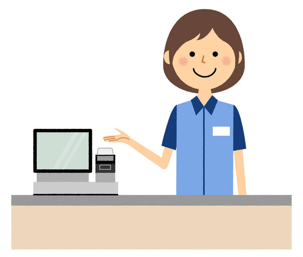 Female clerk,Cash register/It is an illustration of a female clerk who works at a cashier counter.