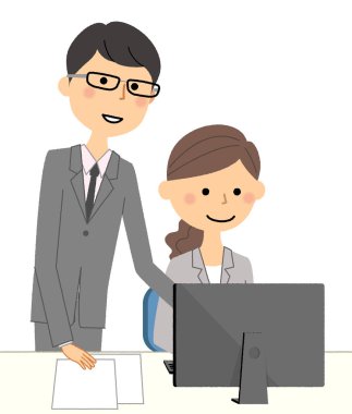 İş sahne, Pc / bir adam bir kişisel bilgisayar önünde takım elbise kumaşı kadın ve erkek bir örnektir.