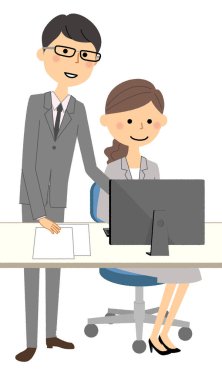 İş sahne, Pc / bir adam bir kişisel bilgisayar önünde takım elbise kumaşı kadın ve erkek bir örnektir.