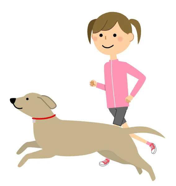 Flicka Jogging Det Illustration Som Flicka Och Hund Kör — Stock vektor