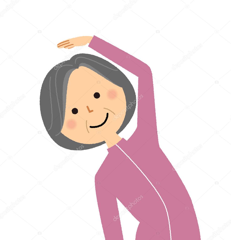 Elderly woman, Stretching/Illustration of an elderly woman stretching.