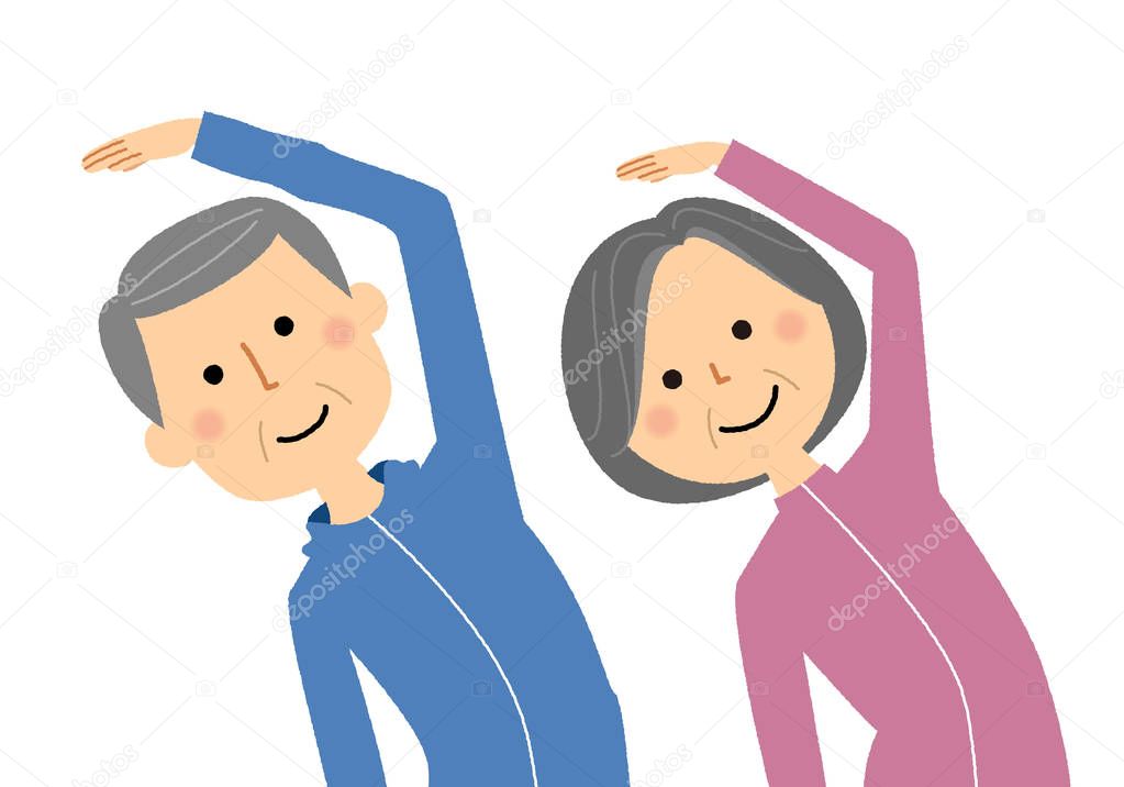 Elderly couple, Stretching/It is an illustration of an elderly couple who exercises.