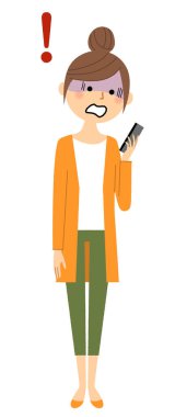 Genç kadın, anne, şaşırmış olmalısın. Akıllı bir telefona bakan genç bir kadının görüntüsü..