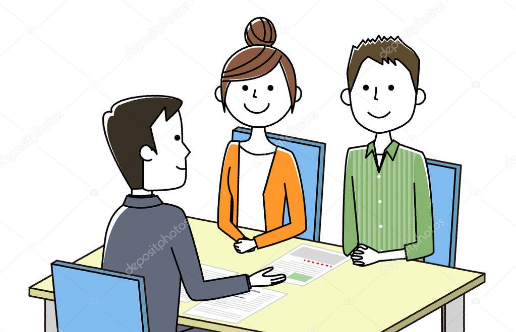 Meeting, signing a contract/The illustration by which a salesman and a visitor sign a contract.