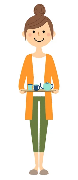 若い女性 ティータイム お茶を飲む準備をしている若い女性のイラスト — ストックベクタ