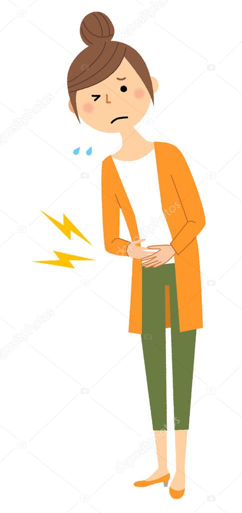 Young woman,mama,Stomach ache/It is an illustration of a stomachache young woman.