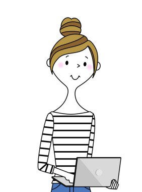 Genç kadın, anne, dizüstü bilgisayar / Dizüstü bilgisayar kullanan genç bir kadının görüntüsü.