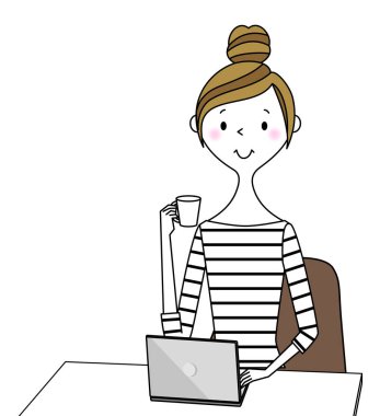 Genç kadın, anne, dizüstü bilgisayar / Dizüstü bilgisayar kullanan genç bir kadının görüntüsü.