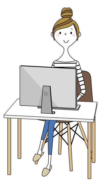 Молодая женщина, мама, PC / Иллюстрация молодой женщины за компьютером.