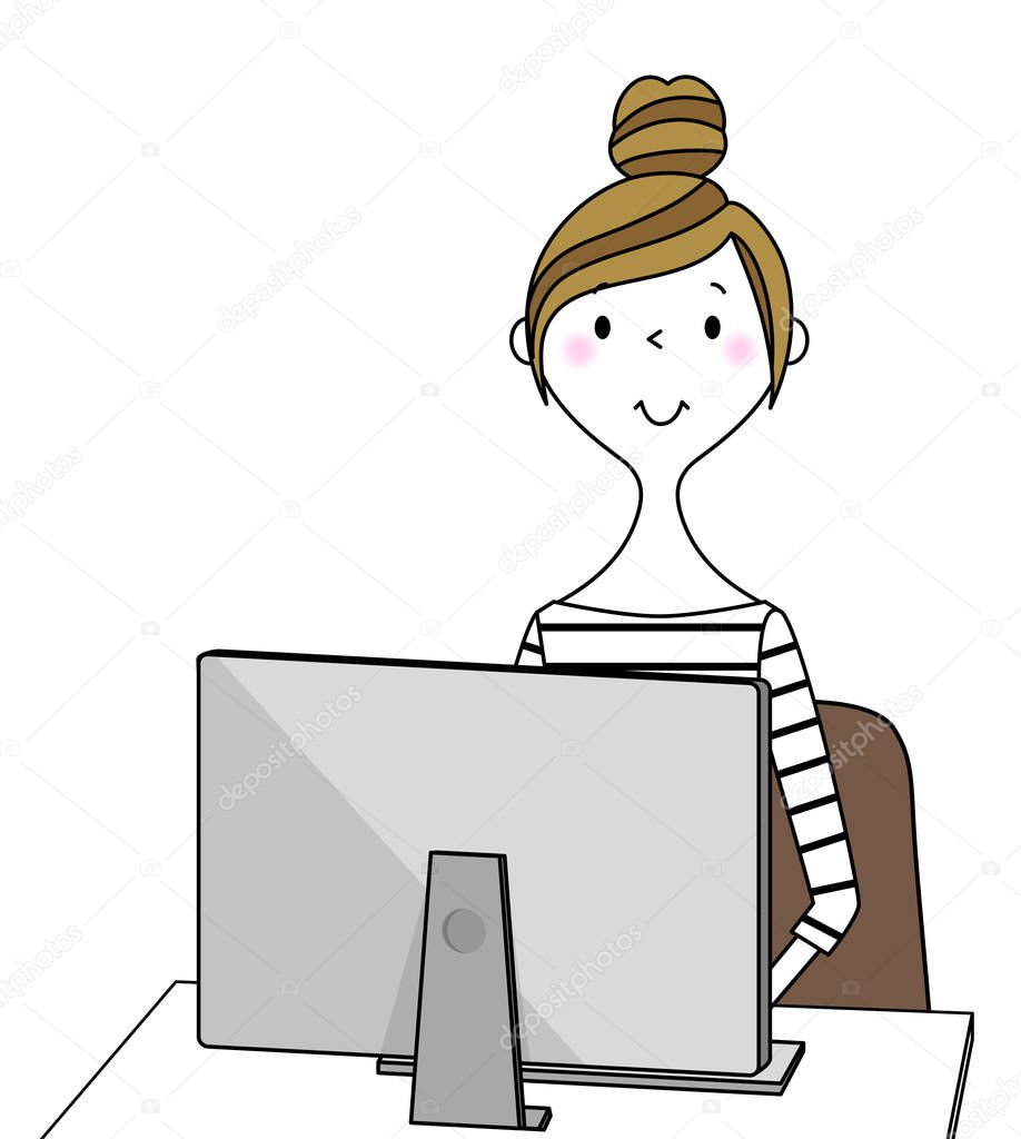 Young woman,mama,PC/Illustration of a young woman operating a computer.