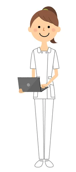 Enfermera Ordenador Portátil Una Ilustración Una Enfermera Que Opera Ordenador — Vector de stock