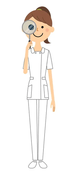 放大镜 这是一个护士看着放大镜的插图 — 图库矢量图片