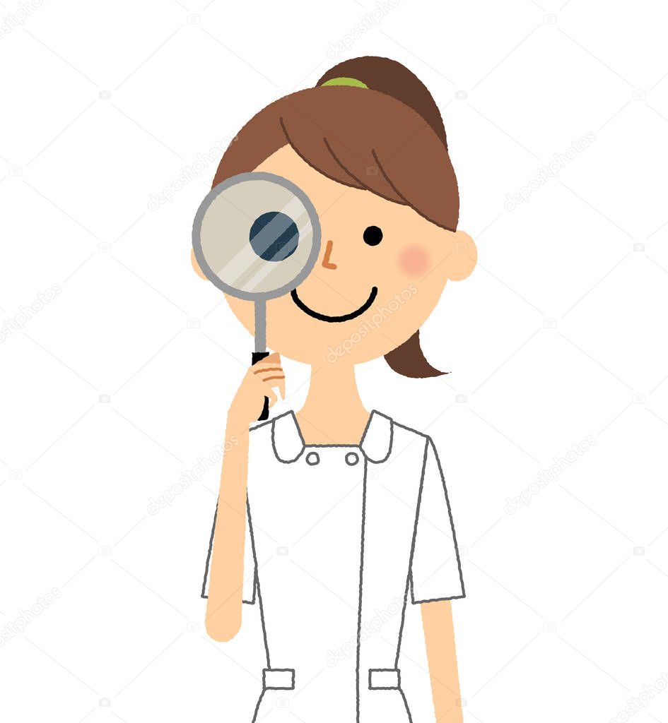 Nurse,Magnifying glass/It is an illustration of a nurse looking into the magnifying glass.