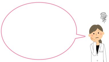 Beyaz ceket, boş metin balonu fefemale, Balon / Bu beyaz bir ceket giyen bir kadın sorun olduğunu bir konuşma balonu illüstrasyon.