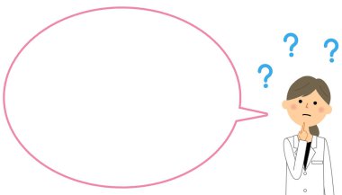 Beyaz ceket, boş metin balonu fefemale, Balon / Bu şüpheli duygu beyaz bir ceket giyen bir kadının bir konuşma balonu illüstrasyon.