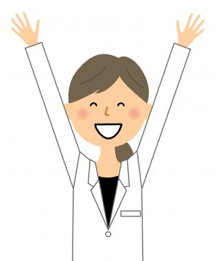 Beyaz ceketin dişisi Cheers/Bu, iki elini kaldıran beyaz önlük giyen bir kadının bir örneğidir..