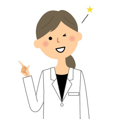 Beyaz ceket in dişi,Parmak işaret / Bu parmakları beyaz ceketli bir kadının bir balon illüstrasyon.