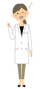 Beyaz ceket in dişi,Parmak işaret / Bu parmakları beyaz ceketli bir kadının bir balon illüstrasyon.