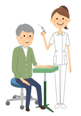 Hemşireler ve yaşlılar, enjeksiyon/ bir enjeksiyon yapmak hemşire ve yaşlı vatandaşın bir illüstrasyon.