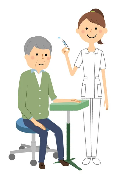 Verpleegkundigen Ouderen Injectie Een Illustratie Van Verpleegkundige Senior Burger Die — Stockvector