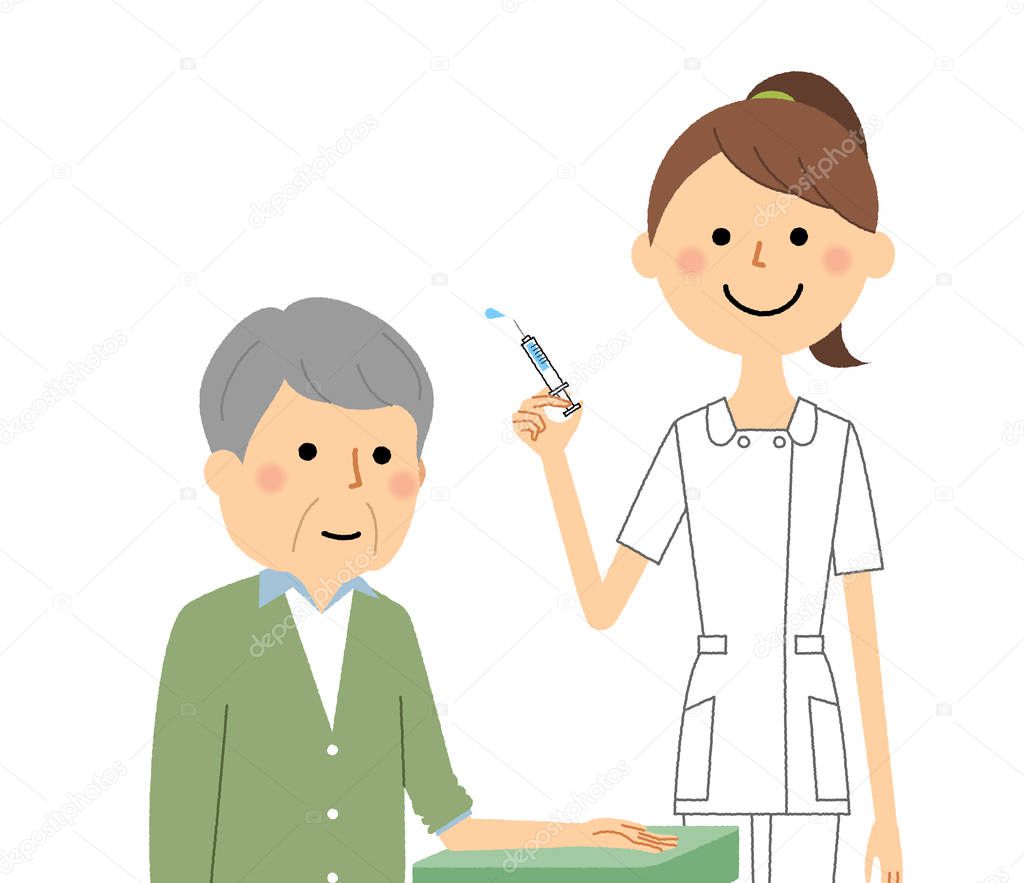 Nurses and the elderly, injection/An illustration of the nurse and the senior citizen who do an injection.