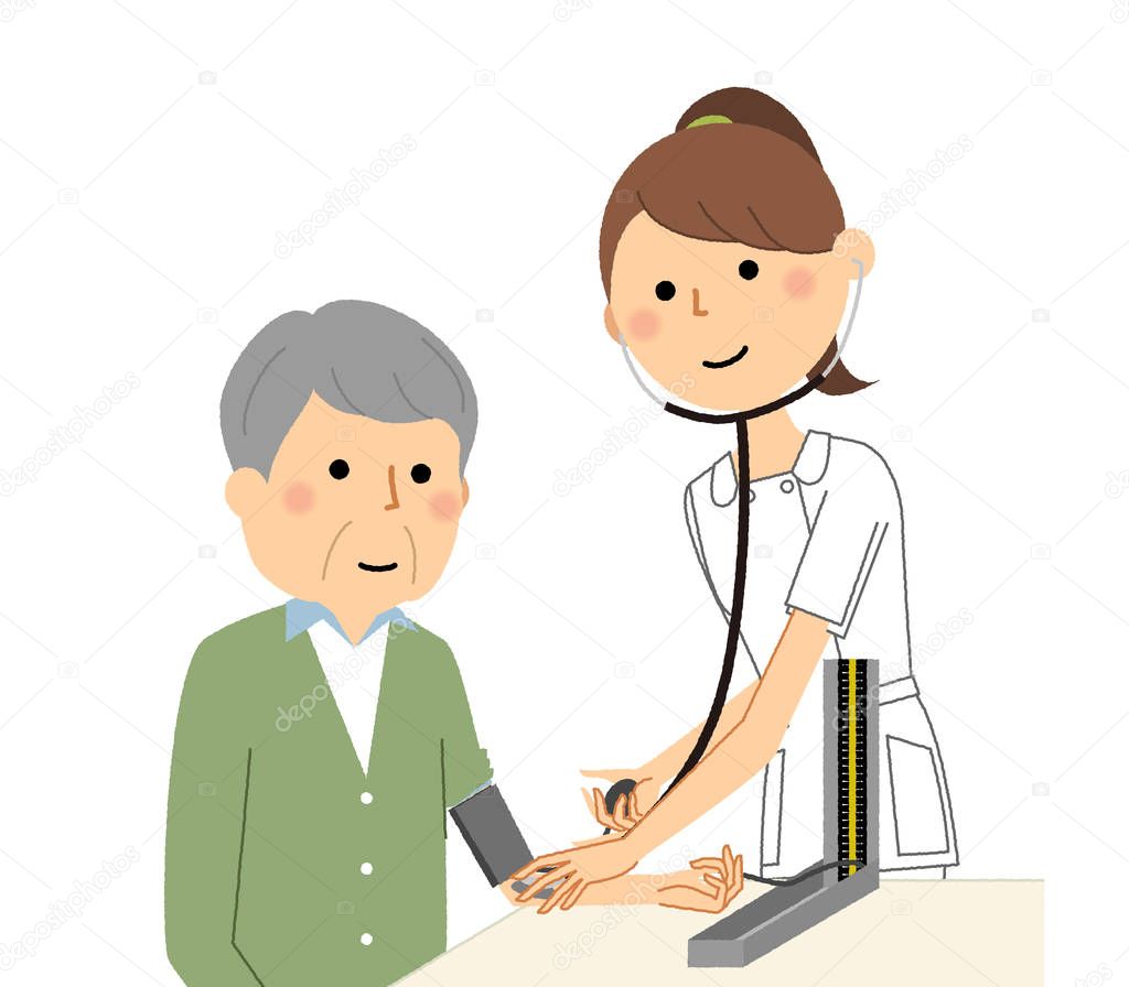 Nurses and the elderly,Blood pressure measurement/It is an illustration of a nurse who measures the blood pressure of the elderly.
