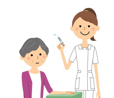 Hemşireler ve yaşlılar, enjeksiyon/ bir enjeksiyon yapmak hemşire ve yaşlı vatandaşın bir illüstrasyon.