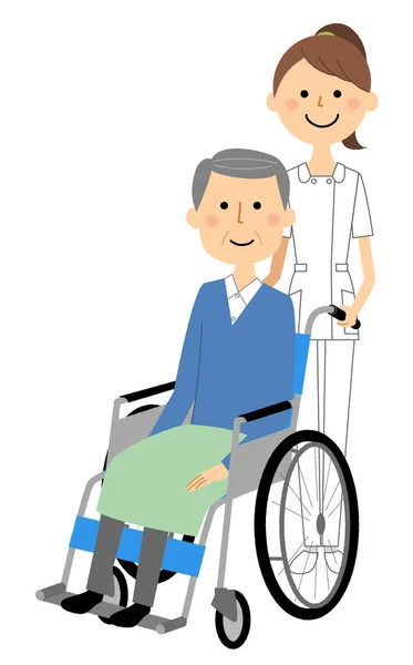 Hemşireler Tekerlekli Sandalye Hastaları Hemşire Tekerlekli Sandalye Hastalarının Çizimleri — Stok Vektör