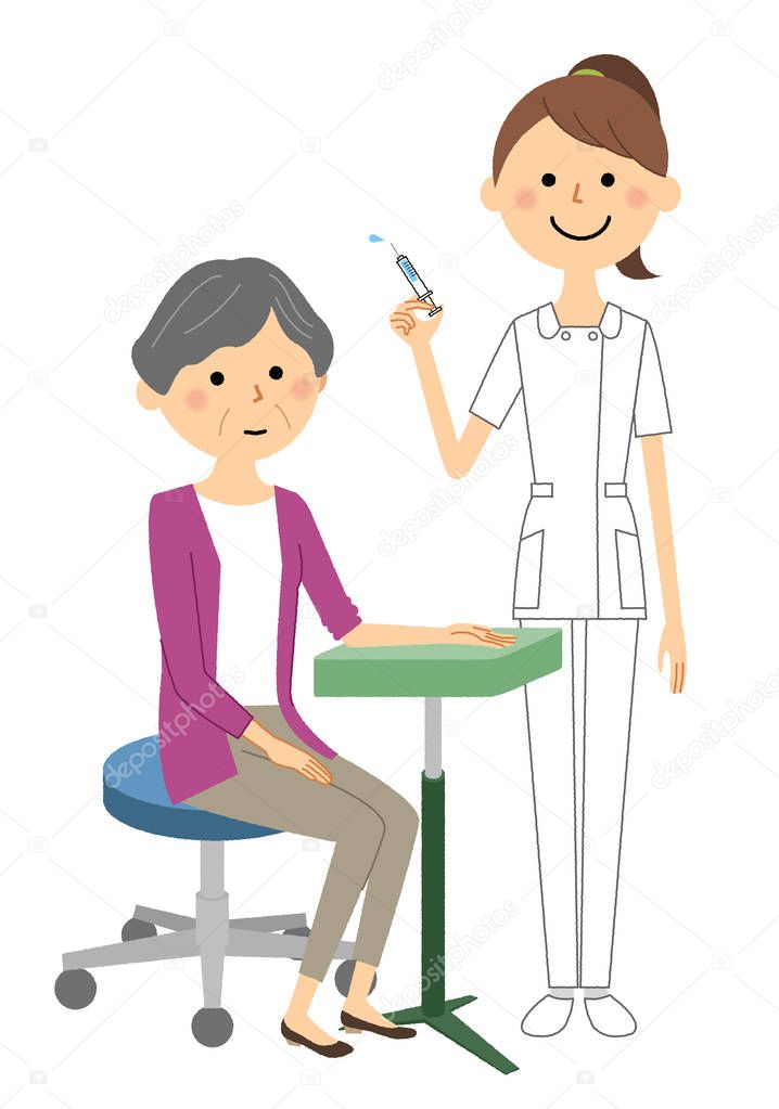 Nurses and the elderly, injection/An illustration of the nurse and the senior citizen who do an injection.