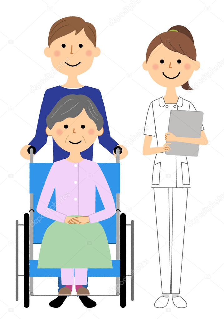 Nurses and wheelchair patients/Illustrations of nurses and wheelchair patients.