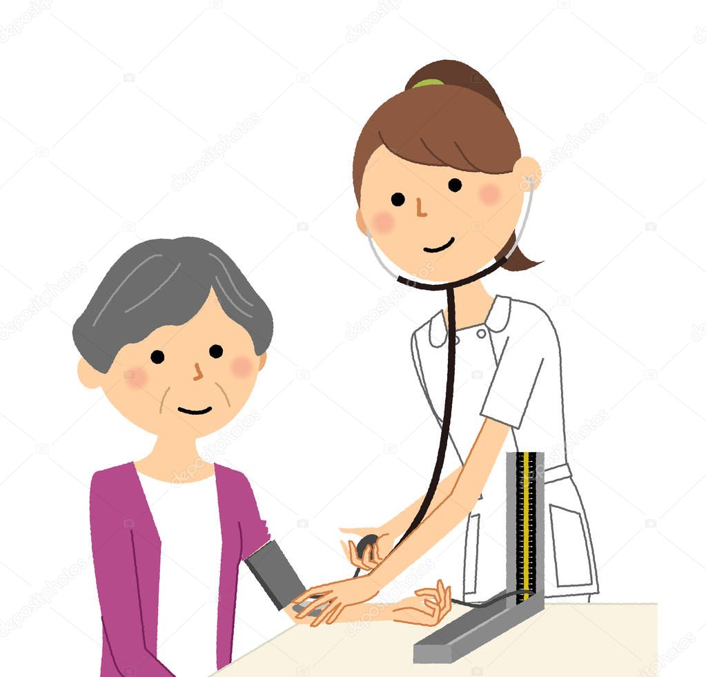 Nurses and the elderly,Blood pressure measurement/It is an illustration of a nurse who measures the blood pressure of the elderly.