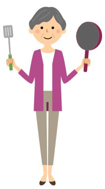 Yaşlı kadın, Yemek / Yaşlı kadın pişirme İllüstrasyon.