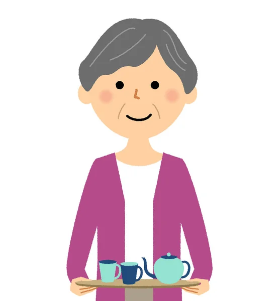 Stará Žena Čajový Čas Ilustrace Starší Ženy Připravující Pití Čaje — Stockový vektor