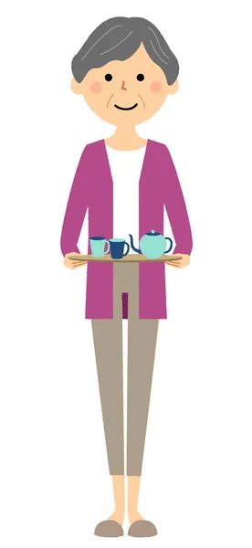 Ältere Frau Tea Time Illustration Einer Älteren Frau Die Sich — Stockvektor