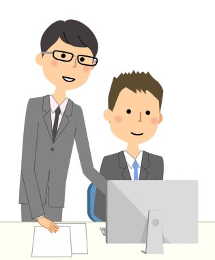 İş sahnesi, bilgisayarın önünde işten bahseden erkeklerin görüntüsü..