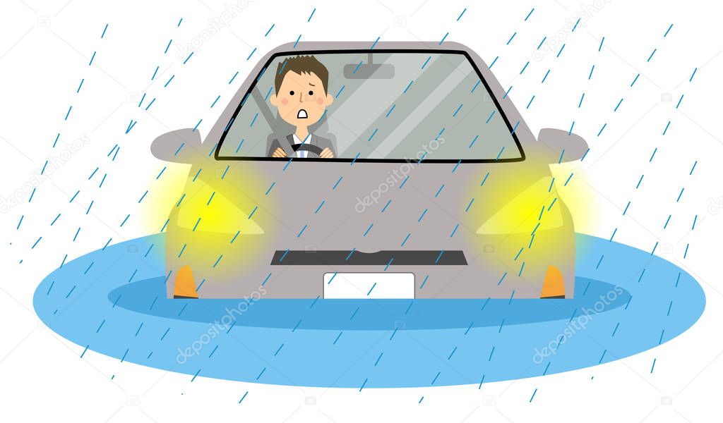 Submerged car/It is an illustration of a man panicking in a submerged car.