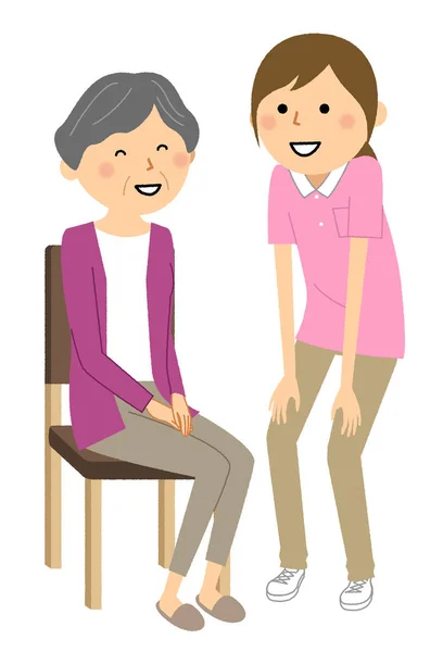 Ältere Person Die Auf Einem Stuhl Sitzt Und Eine Betreuerin — Stockvektor
