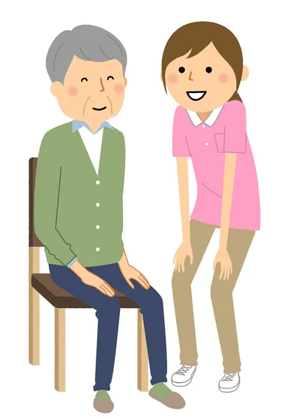 Osoba Podeszłym Wieku Siedząca Krześle Opiekunka Ilustracja Osoby Starszej Siedzącej — Wektor stockowy